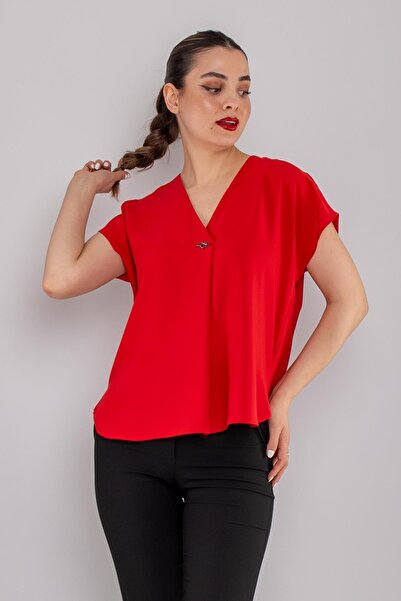 AYHAN 81908 Vyaka Broşlu Kısa Kol Krep Şifon Bluz