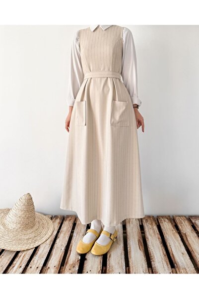 hrmonny فستان جيليه طويل مخطط باللون البيج - ريترو