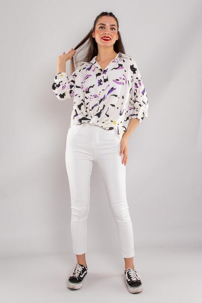 AYHAN 50676 Eteği Büzgülü Düğmeli Desenli Kısa Kadın Gömlek