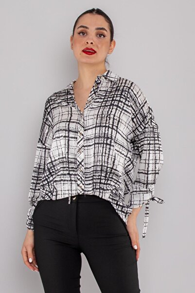 AYHAN 50791 Блуза з еластичним поясом і шнурівкою, з смужками, з атласу