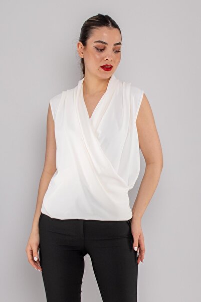 AYHAN 81856 Double Breasted Collar Flowing Sleeveless Chiffon Blouse