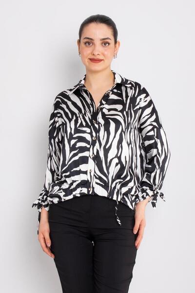 AYHAN 50630-4 Leopar Desen Kol Ucu Beli Bağcıklı Saten Bluz