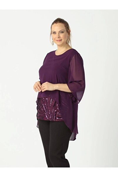 Moda Berray 4047 Mürdüm Şifon -payet Dantel Kombinli Büyük Beden Bluz