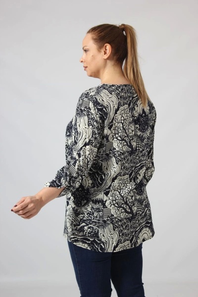 Moda Berray 3295 Lacivert Krem Karışık Desenli Viscon Kumaş Gömlek