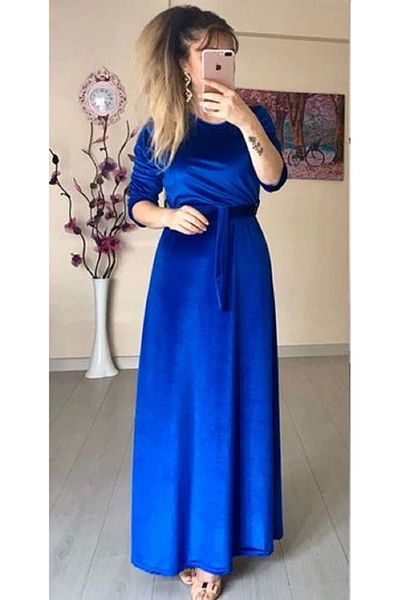 AZRA BUTİK Φόρεμα Saks Blue Velvet - Crew Neck