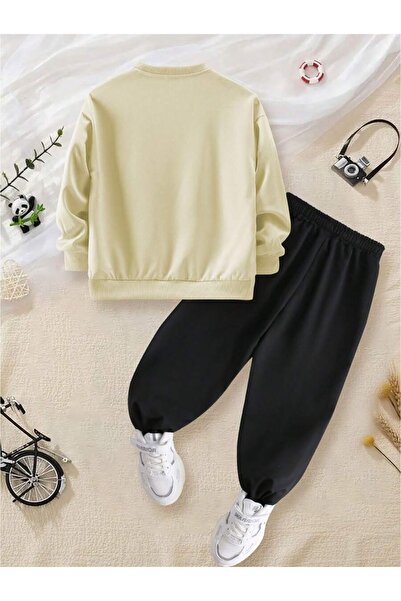 LePold Beige Crew Neck -3 Thread Black California West Printed Girl/Boy Tracksuit Set