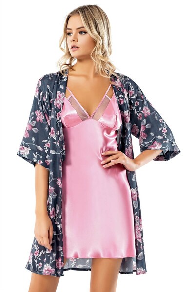 Loriva Patterned Pink Satin Morning Gown Nightgown Set