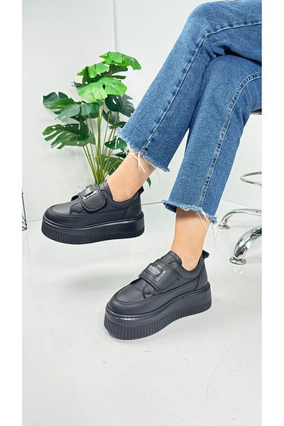 İmerShoes Pantofi negru - Pantofi confortabili cu talpă înaltă groasă cu velcro și detaliu de piatră 1111