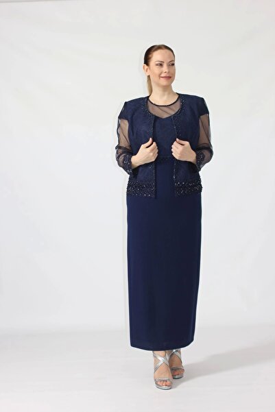 Moda Berray 3293 Lacivert Pullu Nakış Detaylı Abiye Ceket-Elbise Takım 46 BEDEN