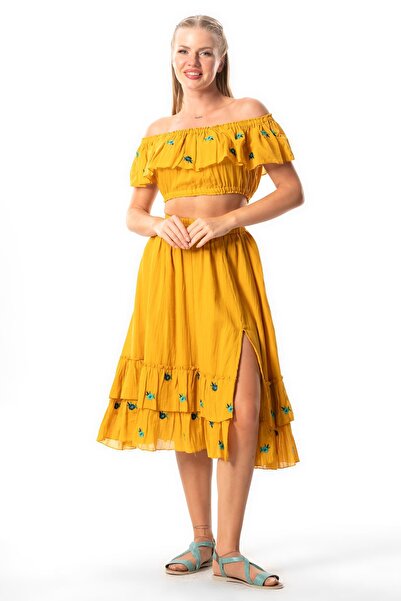 Eliş Şile Bezi Lavinya Vual Lastik Detaylı Nakışlı Yazlık Crop Bluz Hardal Hrd