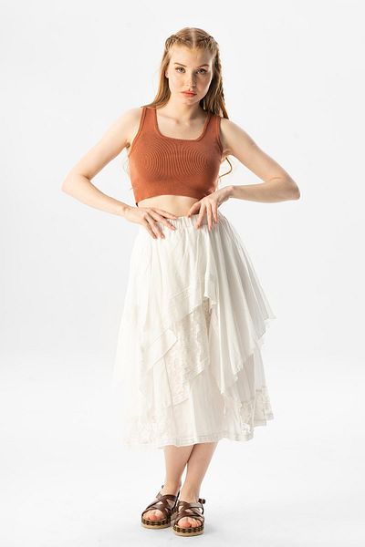 Eliş Şile Bezi Cluster Voile dantelă Franjuri Long Summer Authentic Fustă Crem