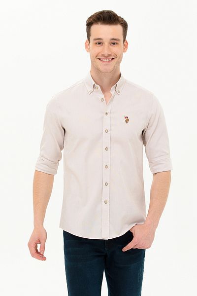 U.S. Polo Assn. Ανδρικό πέτρινο μακρυμάνικο πουκάμισο Basic 50263099-VR049