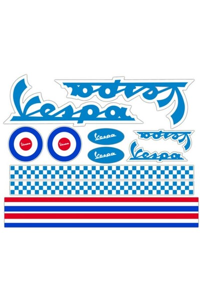 Motiker Piaggio Vespa Kask Kırmızı ve Açık Mavi Sticker Etiket Modeli