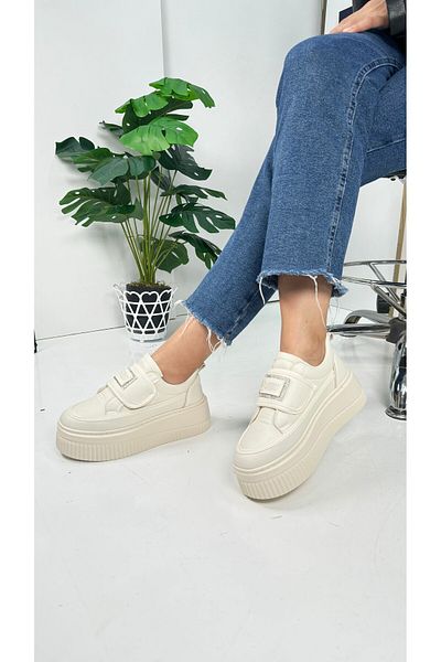 İmerShoes Μπεζ γυναικείο αθλητικό παπούτσι - Velcro χοντρή ψηλή σόλα και πέτρινη λεπτομέρεια άνετα παπούτσια 1111