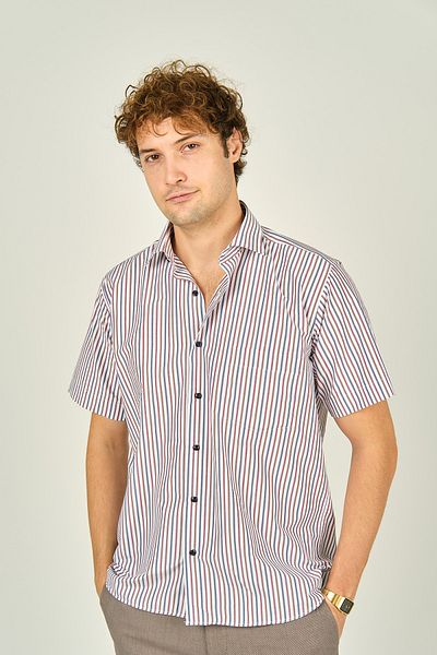MUGİ Mugi Men's - Striped Cotton Shirt, Single Pocket, Short Sleeve, Red 2004