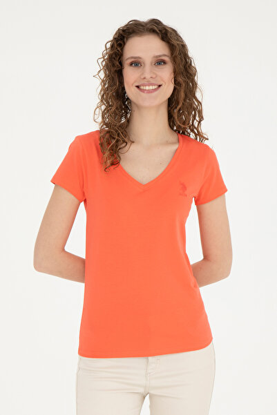 U.S. Polo Assn. Tricou de bază pentru femei cu decolteu în V cu flori de rodi...