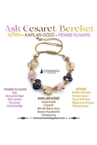 OSMANLI DOĞAL TAŞ Pink Quartz and Hematite String Bracelet with Ladder Closure - Citrine Eye Abundance Courage