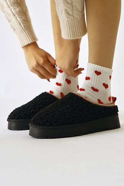 Limoya Γυναικείες παντόφλες Ely Black Embroidery Λεπτομερείς χειμερινές Teddy