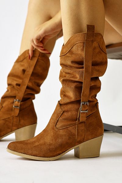 Limoya Γυναικείες μπότες Nare Brown Suede Bellows με μυτερή μύτη