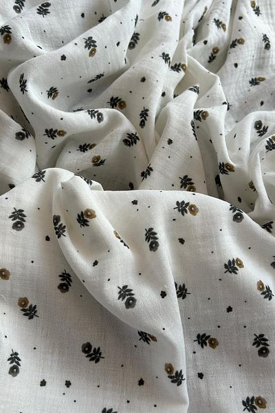 Doray Kumaş White Background Crispy Flower Patterned Double Layer Cotton Muslin Fabric / Dry - 176
