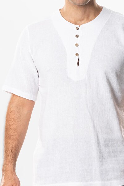 Eliş Şile Bezi Ανδρικό καλοκαιρινό μπλουζάκι με κοντό μανίκι βιολετί κουμπιά Halicarnassus White Byz