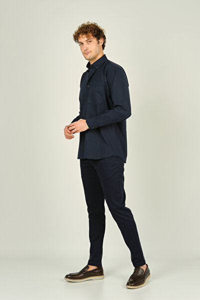 MUGİ Mugi Чоловіча сорочка з довгими рукавами та однією кишенею, 100% бавовна, 4100, темно-синя