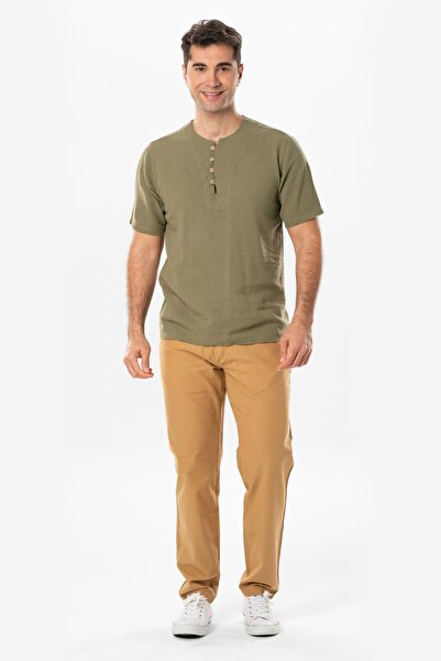 Eliş Şile Bezi Ανδρικό καλοκαιρινό μπλουζάκι με κοντό μανίκι βιολετί κουμπιά Halicarnassus Khaki Hk