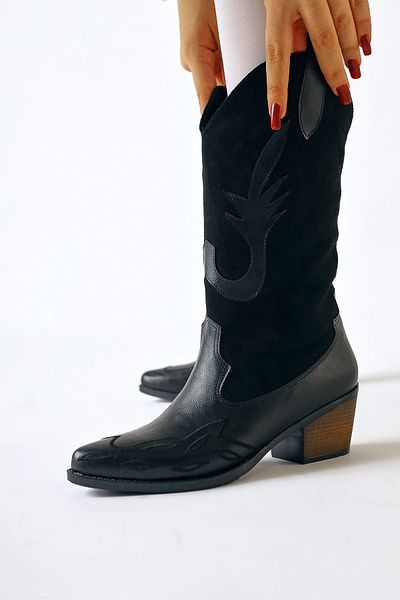 Limoya Maily Black Suede Λεπτομερείς κεντημένες γυναικείες μπότες Western με μυτερή μύτη, γυναικεία μποτάκια
