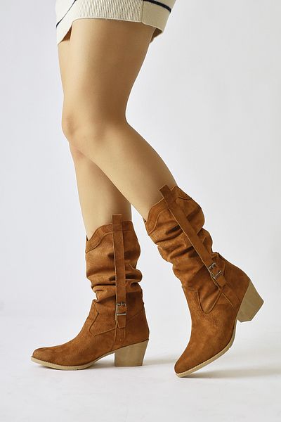 Limoya Γυναικείες μπότες Nare Brown Suede Bellows με μυτερή μύτη