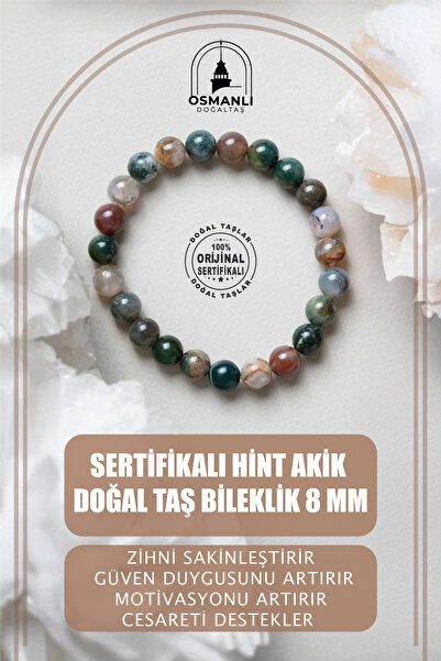 OSMANLI DOĞAL TAŞ Sertifikalı Hint Akik Doğal Taş Bileklik 8 Mm