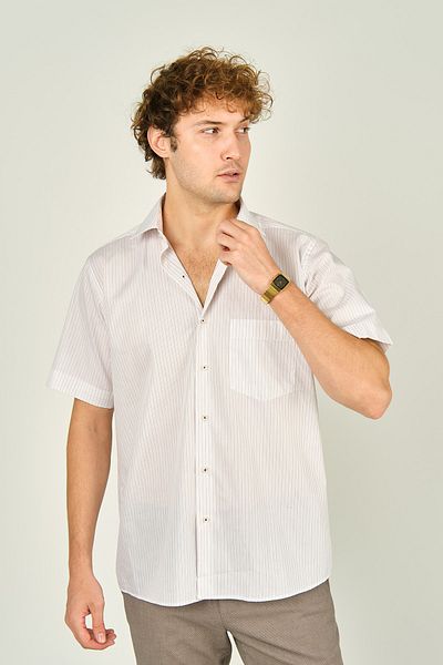MUGİ Men's Striped Red Mugi Shirt - 100% Cotton, Single Pocket, Short Sleeve 2003 Model