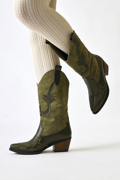 Limoya Maily Khaki Suede Λεπτομερείς κεντημένες γυναικείες μπότες Western με μυτερή μύτη, γυναικεία μποτάκια