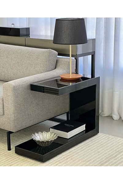 LUXURY VİLLA LUXURY SİYAH CAMLI YAN SEHPA ÜST 28X38 ALT 28X60 YÜKSEKLİK 50CM