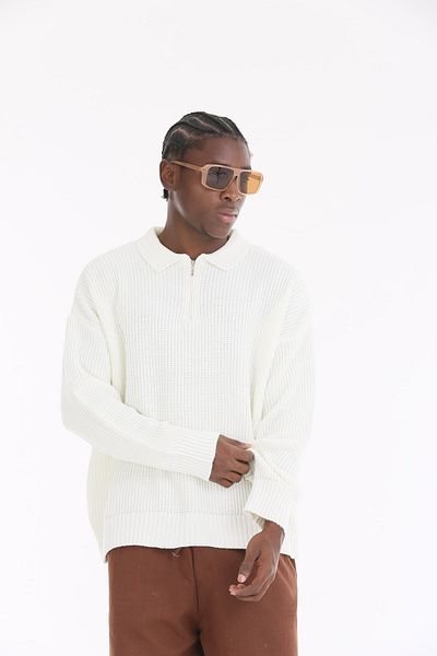 The Champ Clothing Φερμουάρ Πολο Γιακά Πλεκτό Τρίκο Φανέλα Λευκή Oversize Ανδρική Μπλούζα
