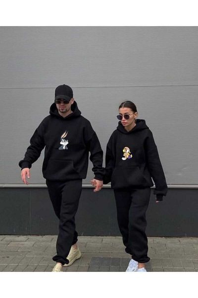 NZN COLLECTION Hanorac 2 piese, unisex, femei, bărbați, supradimensionat, cu imprimeu Bugs Bunny și Lola, cuplu de iubiți