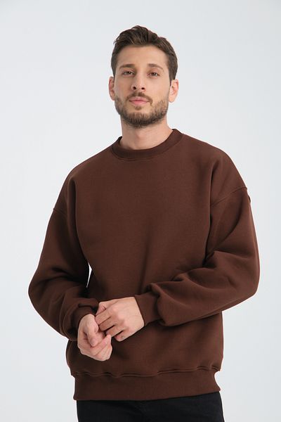 3 ROPE Unisex Καφέ Oversize Crew λαιμόκοψη 3 νημάτων Basic βαμβακερό φούτερ με φλις εσωτερικά