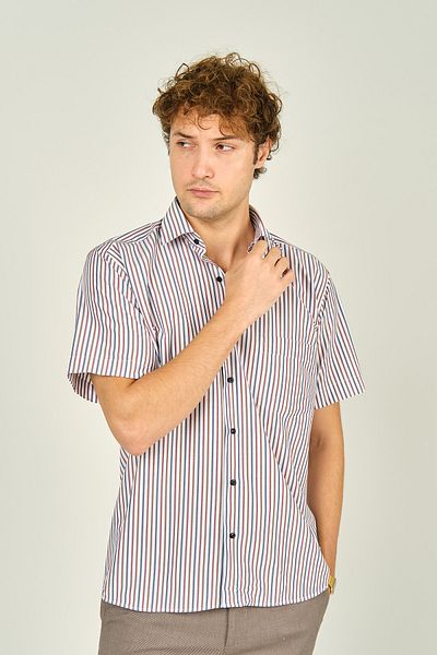 MUGİ Mugi Men's - Striped Cotton Shirt, Single Pocket, Short Sleeve, Red 2004