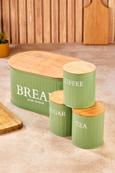 hemlife Metal Bread Bowl with Wooden Lid, Tea, Coffee, Sugar Set of 4 Green/Wood
