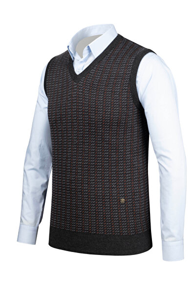 Çizgi Triko Men's V-Neck Line Knitwear Sweater - Colorful Patterned, Steel Knit, Classic Fit - 5010H