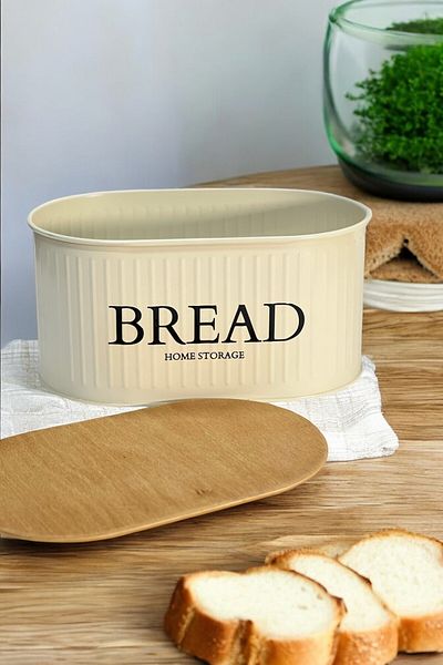hemlife Metal Bread Bowl with Wooden Lid, Bread Box Cream