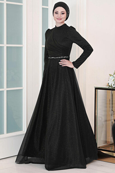 DENİMİNİ Beli Taş Detaylı Simli Büyük Beden Tesettür Abiye Elbise DNMSN46