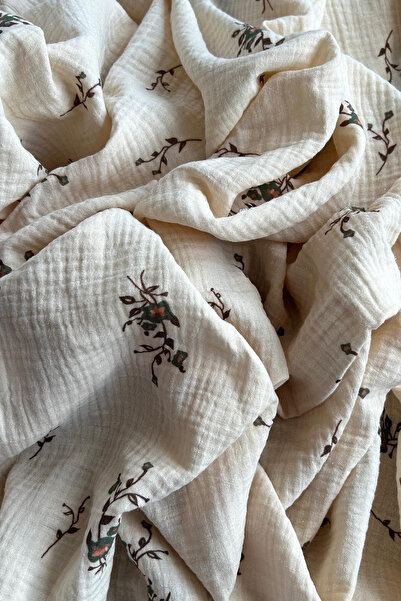 Doray Kumaş Krem Zemin Çiçek Desenli Çift Kat Pamuk Müslin Kumaş / DRY - 181