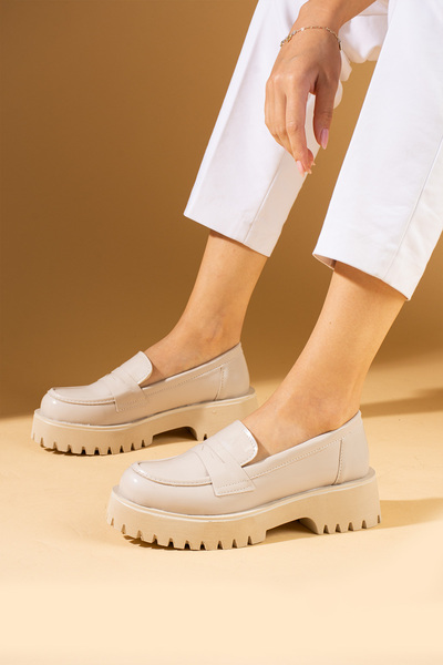 Pembe Potin Kadın Bej Rugan Loafer Makosen Casual Tokalı Günlük Rahat Taban Ayakkabı