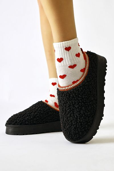 Limoya Γυναικείες παντόφλες Ely Black Embroidery Λεπτομερείς χειμερινές Teddy