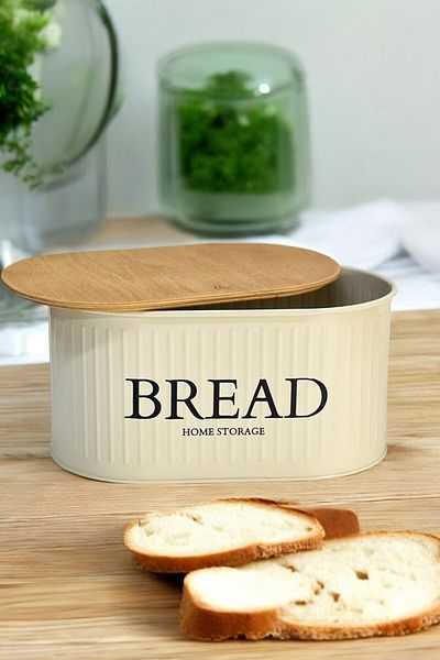 hemlife Metal Bread Bowl with Wooden Lid, Bread Box Cream