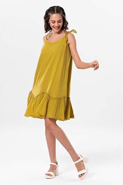 Eliş Şile Bezi Strappy Serra Flounced Short Summer Muslin Dress Oil Green Ygysl