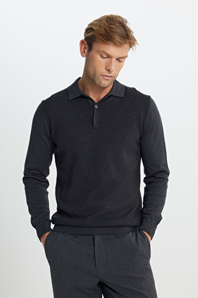 ALTINYILDIZ CLASSICS Men's Anthracite-Melange Cotton Standard Fit Regular Cut Polo Collar Jacquard Knitwear Sweater