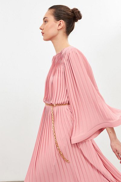 Setre Powder Pleated Detailed Belted Comfortable Fitted Dress