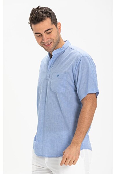 Eliş Şile Bezi Ανδρικό καλοκαιρινό μπλουζάκι - κοντό μανίκι, ύφασμα Shile, γιακάς δικαστή, μονή τσέπη, μπλε 3032