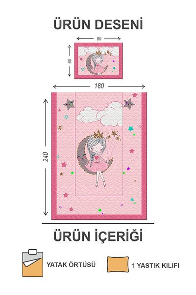 Doruklar Home Collection Țesătură din catifea umplută cu bumbac Moon Girl Model Camera copiilor Set cuvertură de pat matlasată de o persoană Drk0101
